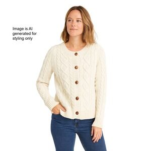 VTG L.L.Bean Wool Fisherman Cardigan Aran Cable Knit Cream Coastal Cottagecore S